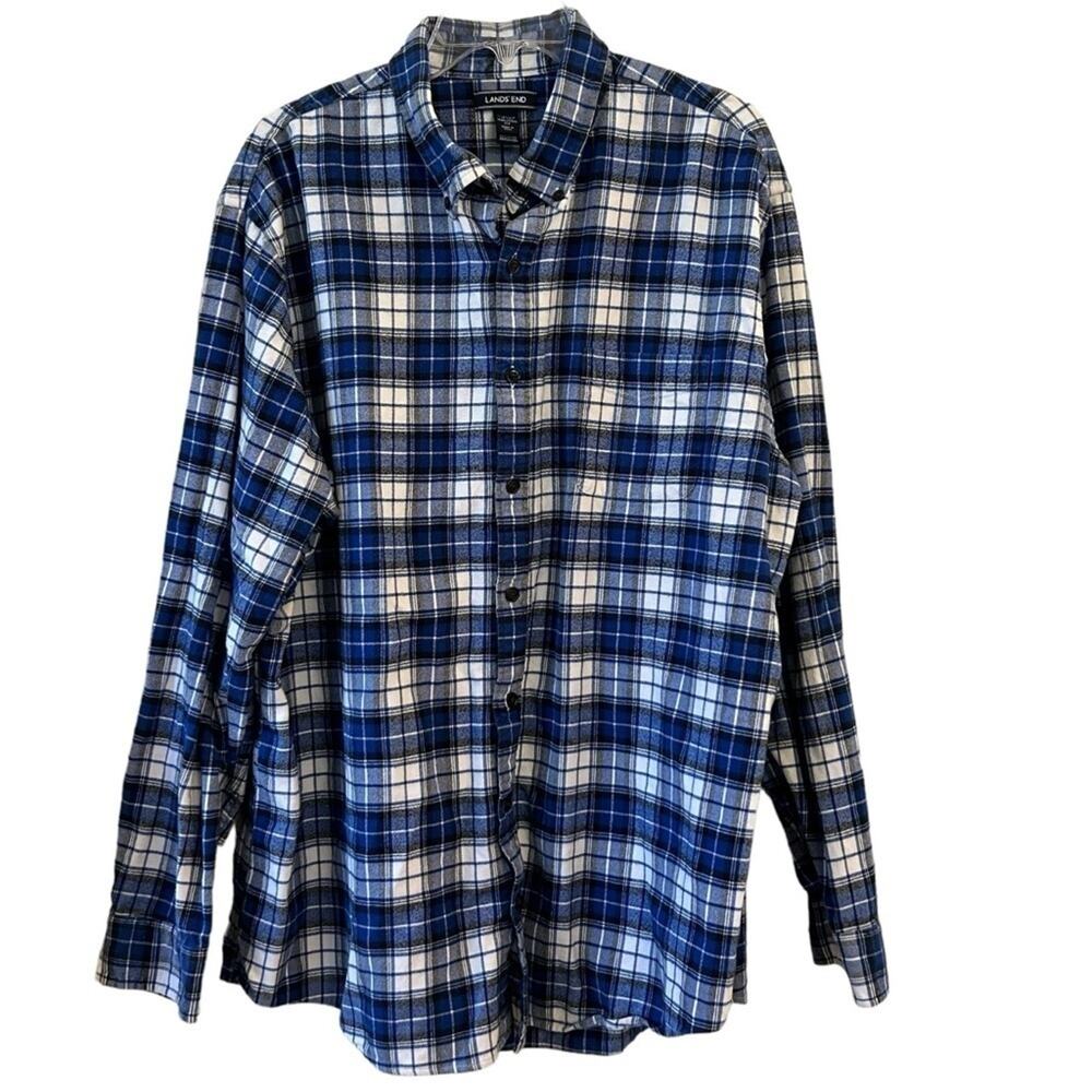 Lands' End Men’s XXL Tall 18-18 1/2 Traditional Fit Blue White Button Down Plaid